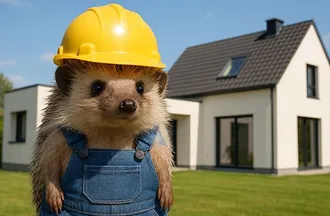 ježko s ochrannou helmou stojí pred domom